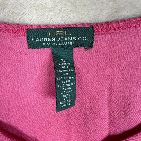 Lauren Ralph Lauren Pink Mixed Media Slub Knit Top XL Short Sleeve Split Neck - Picture 3 of 8